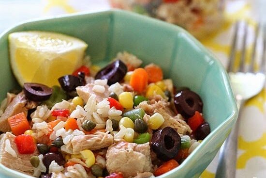 Italian tuna and brown rice salad is wonderful, easy lunch using basic pantry items such as tuna, brown rice, capers and good quality chopped olives plus some frozen mixed vegetables and fresh lemon juice.