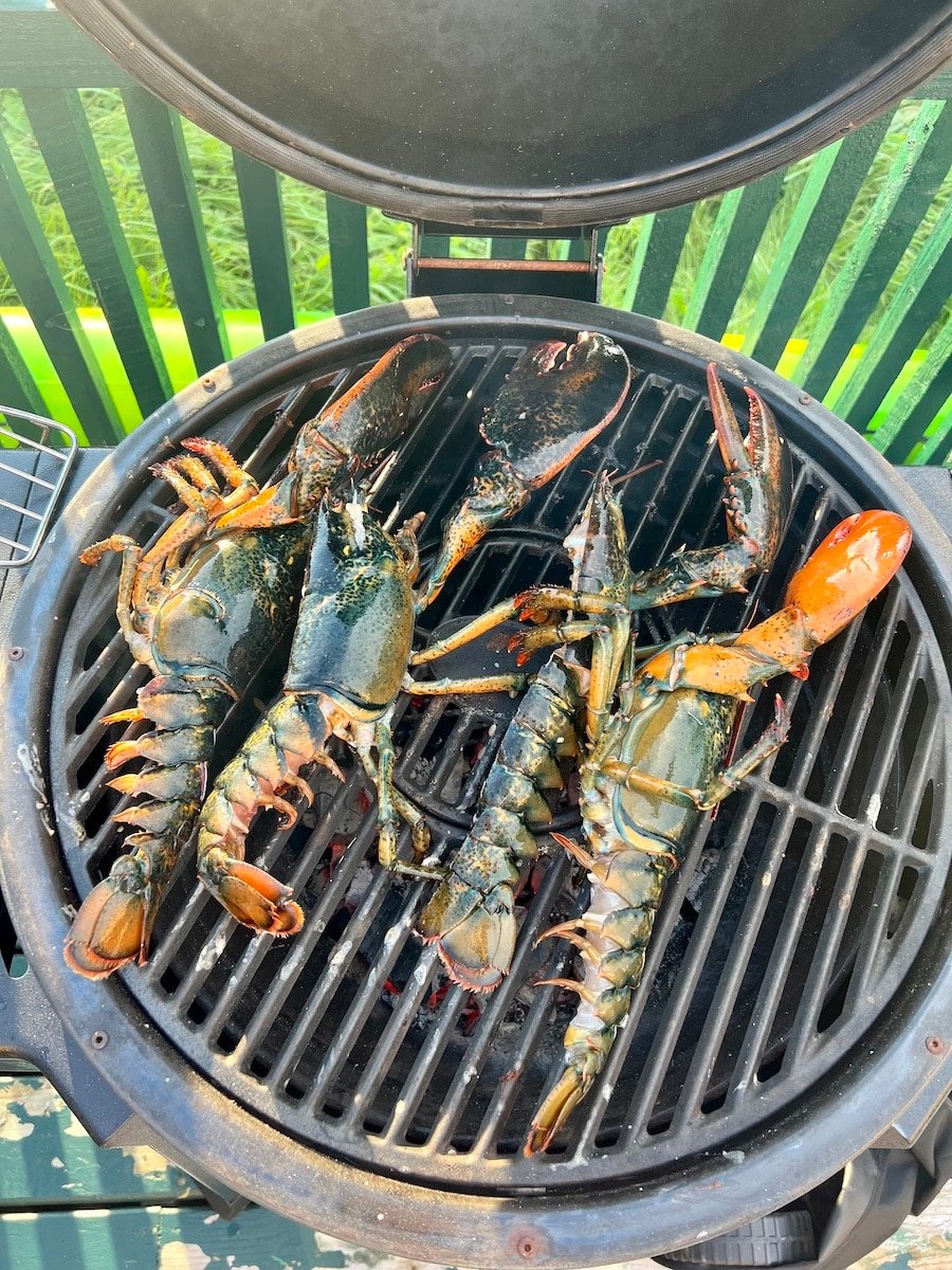 Fresh lobsters on a charcoal grill.