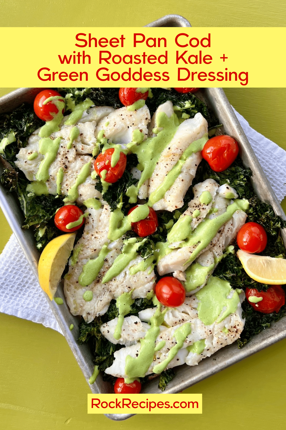 A photo of the sheet pan cod dish with title text overlay.