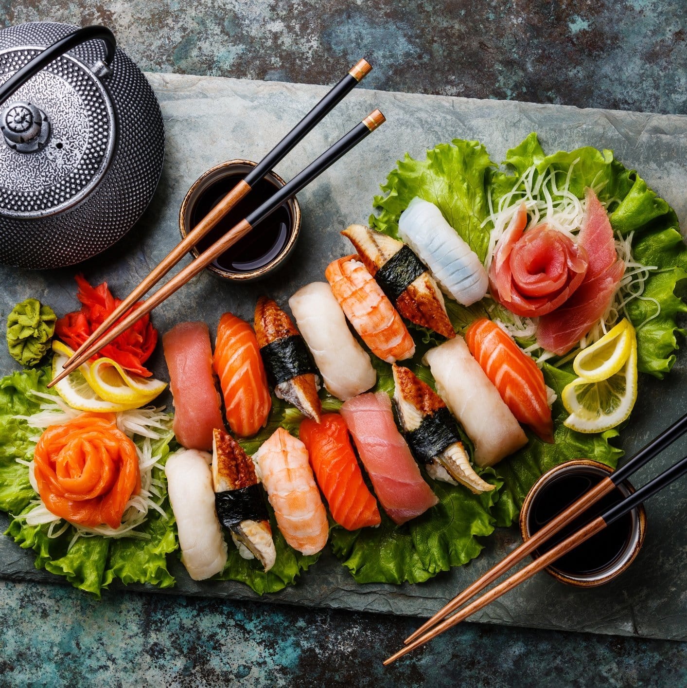 Plate of sushi with chopsticks