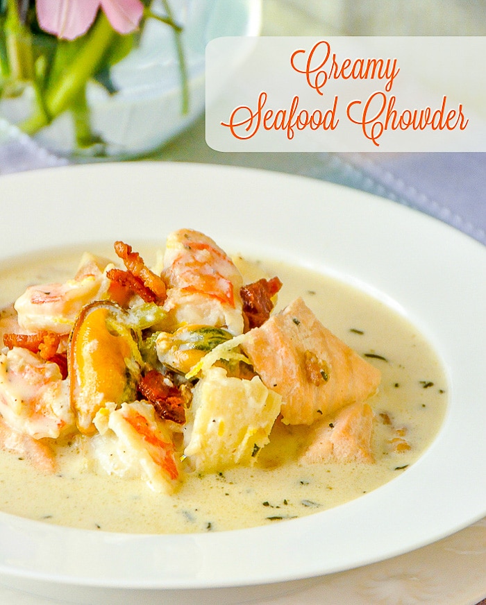 Creamy Seafood Chowder photo with title text for Pinterest