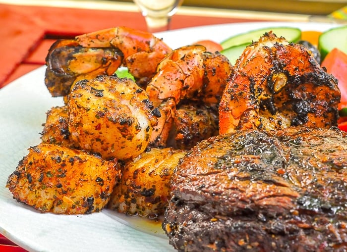 Close up of Cajun Spice Rub on Scallops and Shrimp