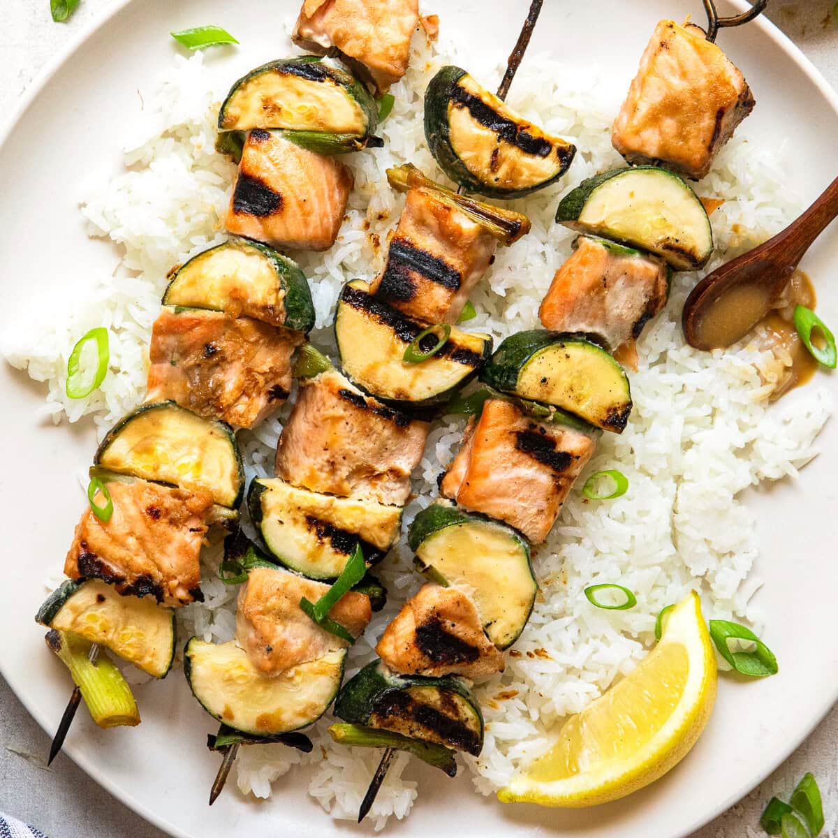 Miso Salmon Skewers over rice