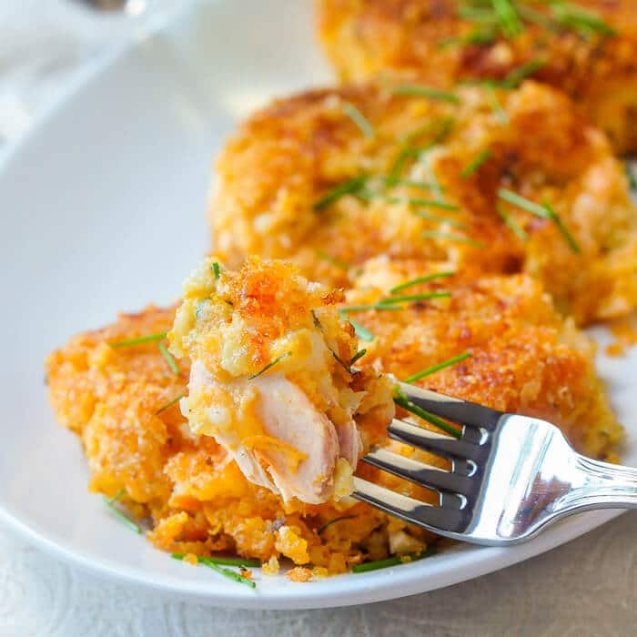 Sweet Potato Salmon Cakes covered in a crispy pankp coating.