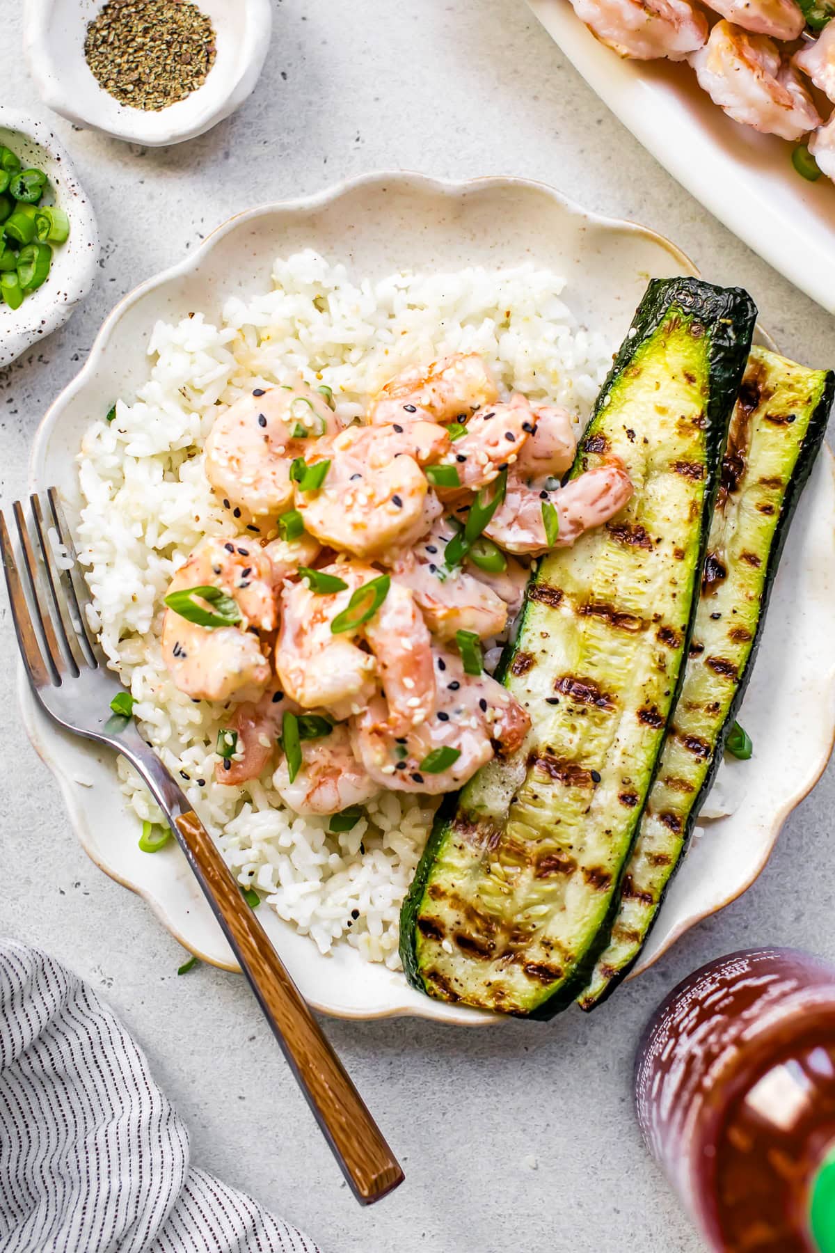 Bang Bang Shrimp with rice and grilled zucchini