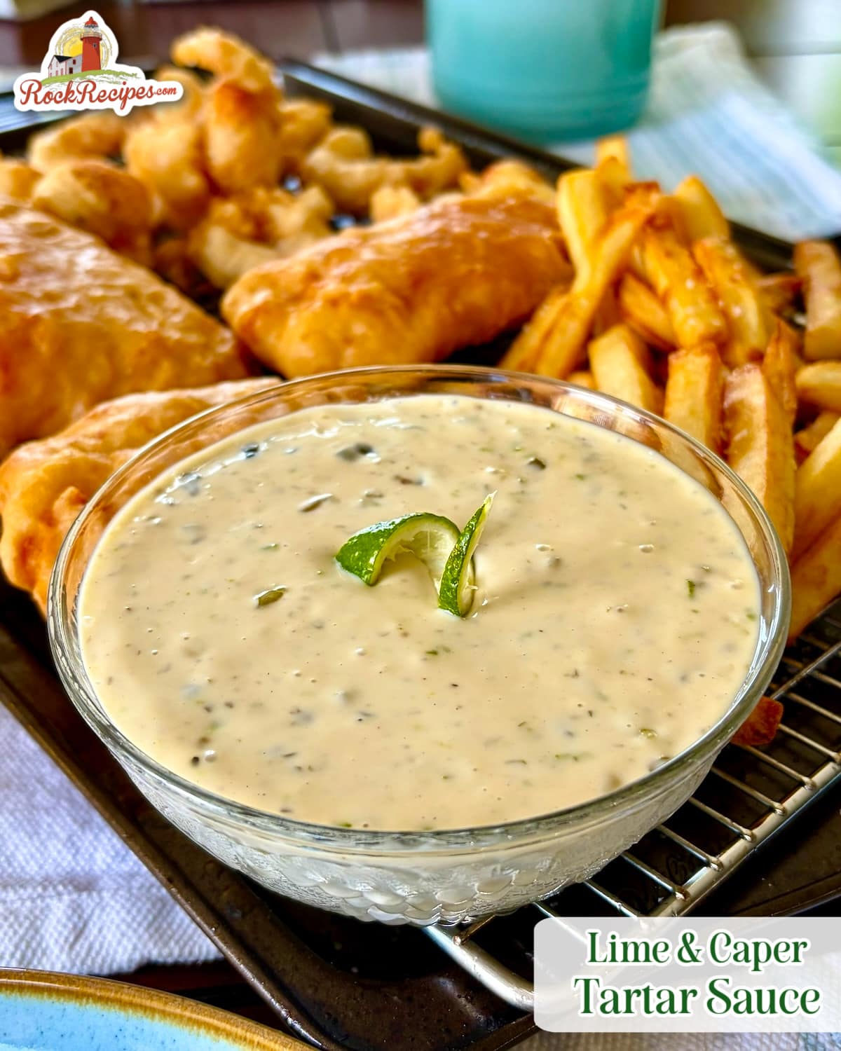 Lime Caper Tartar Sauce Photo with title text and logo added for social media posts