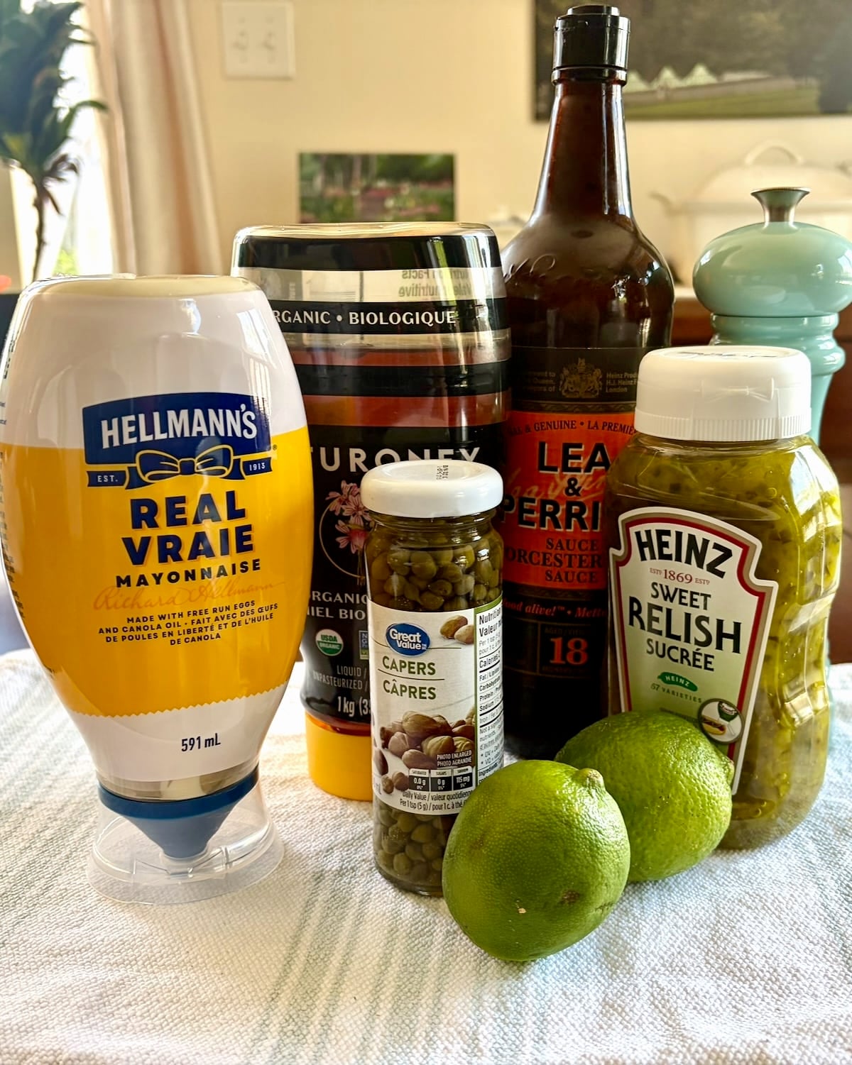Photo of all the ingredients needed fr Lime Caper Tartar Sauce.