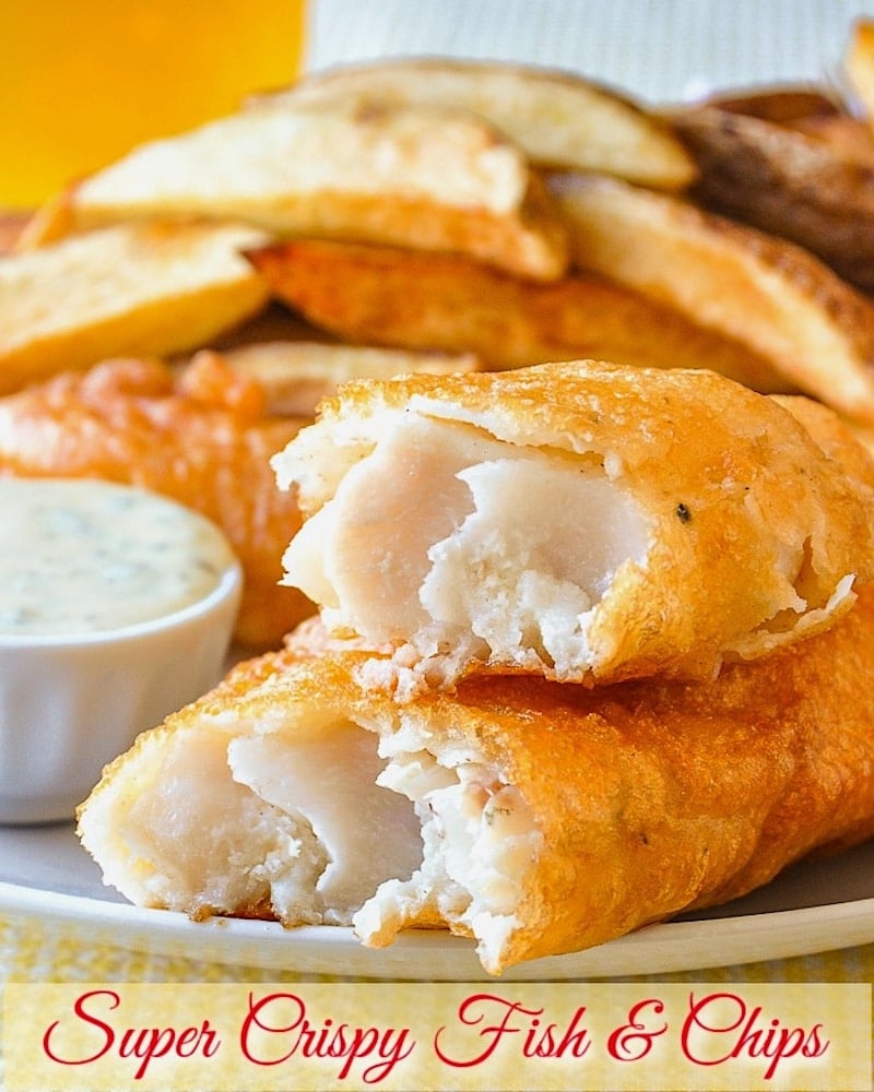 Super Crispy Fish and Chips photo with title text added for social media.