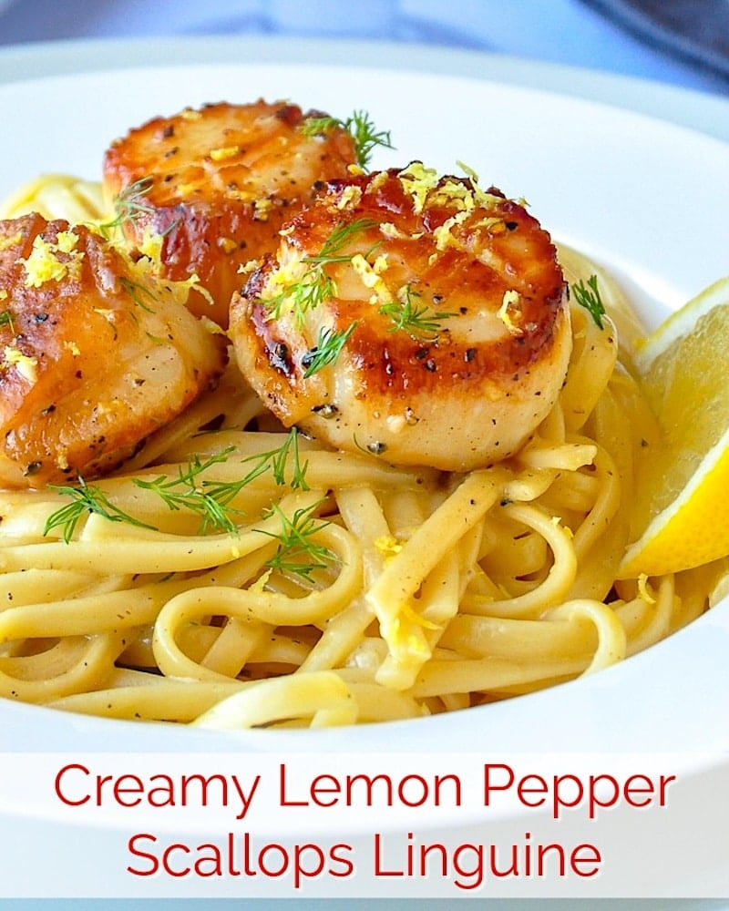 Creamy Lemon Pepper Scallops Linguine photo with title text for social media.