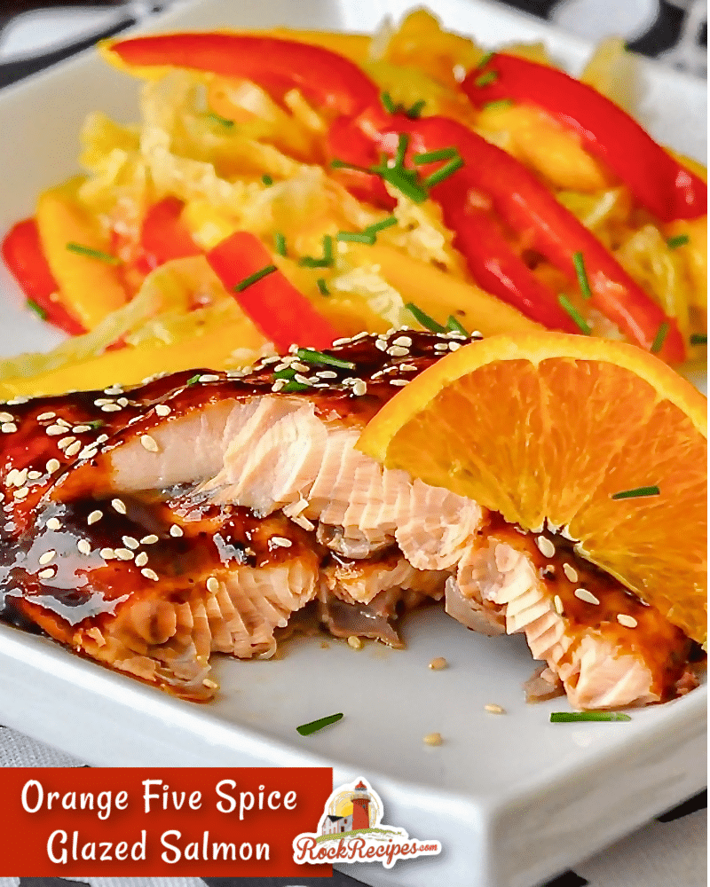Orange Five Spice Glazed Salmon Image with title text added for social media posts.