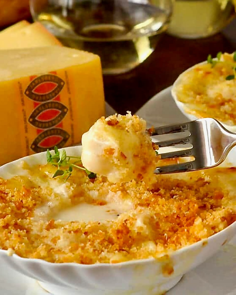Scallops au Gratin with Jarlsberg Cheese close up photo for social media posts.
