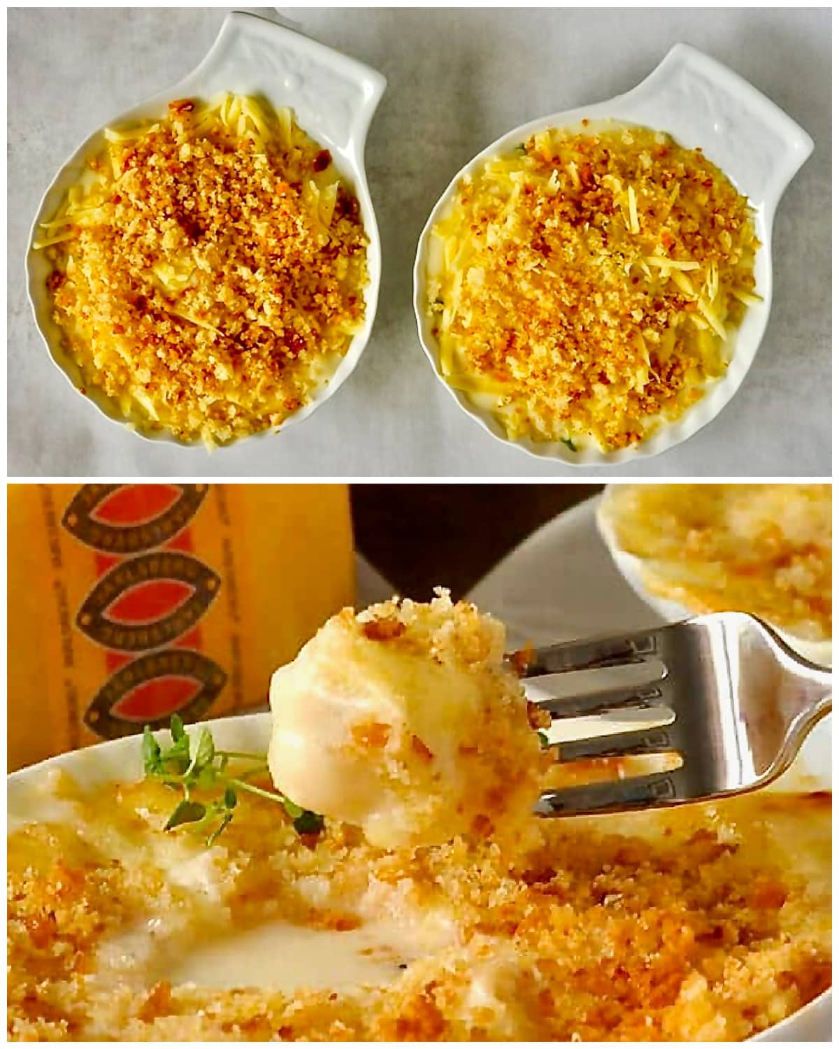 Scallops au Gratin collage of uncooked and cooked dish.