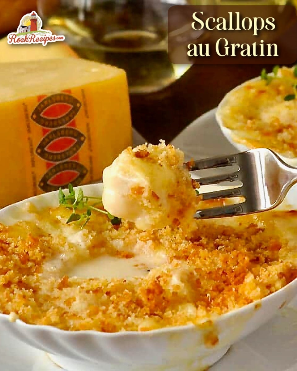 Scallops au Gratin with Jarlsberg Cheese close up photo with title text added for social media posts.
