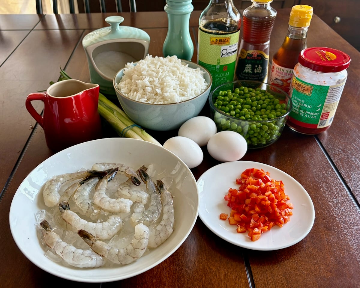 Photo of the ingredients for Shrimp Fried Rice.