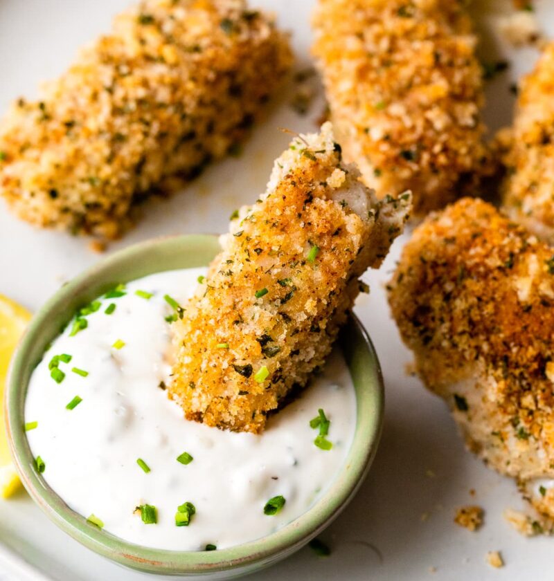 Baked Fish Sticks with Lemon Caper Sauce