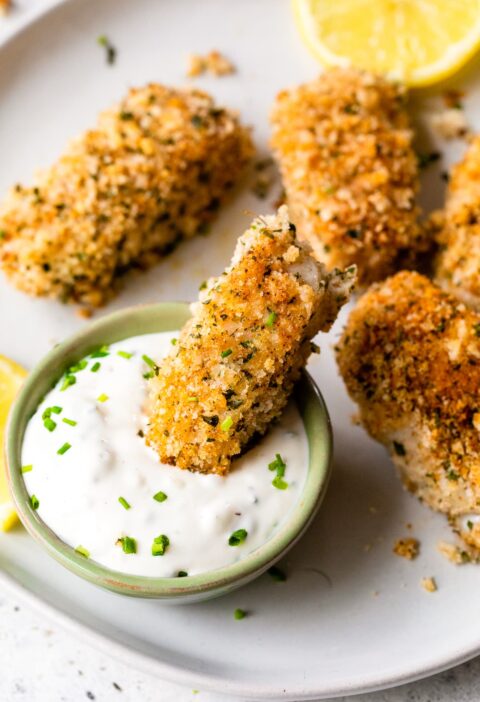 Baked Fish Sticks with Lemon Caper Sauce
