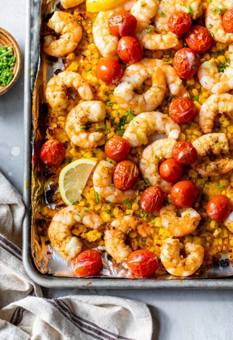 Old Bay Sheet Pan Shrimp with Corn and Tomatoes
