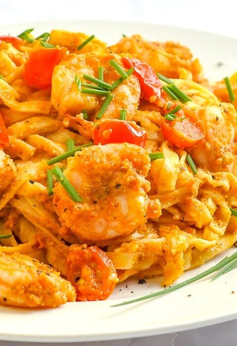 Almond Sun Dried Tomato Pesto Linguine with Shrimp