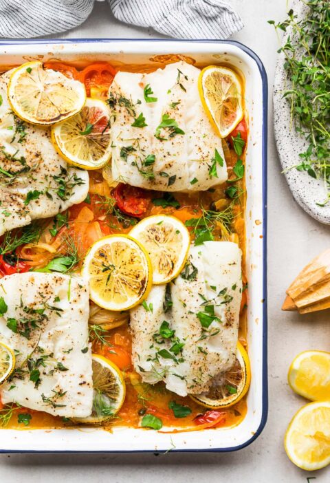 Baked Cod with Cherry Tomatoes, Fennel, and Capers