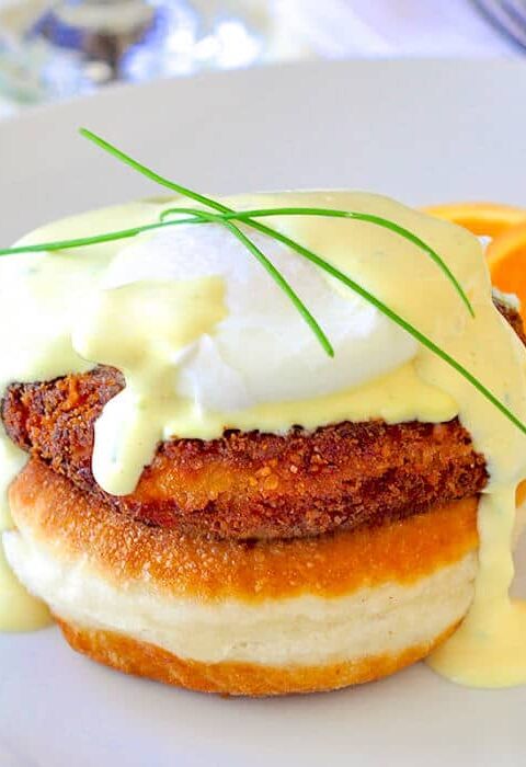 Crab Cakes Eggs Benedict – on Newfoundland’s favourite: Toutons!