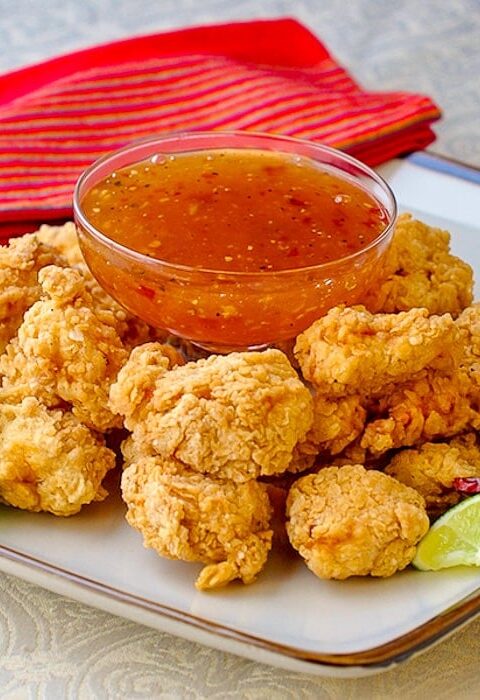 Double Crunch Popcorn Shrimp with Chili Lime Dipping Sauce, a party hit!