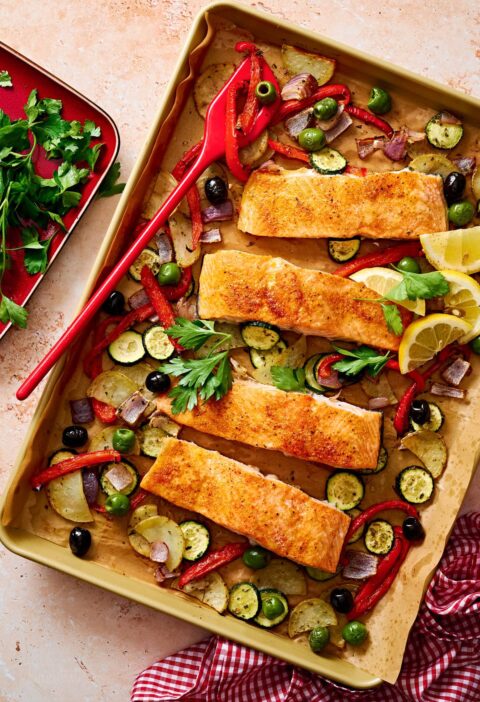Mediterranean Salmon Sheet Pan Dinner