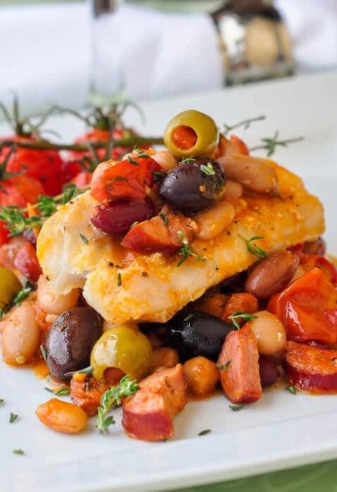 Baked Cod with 5 Beans and Chorizo – a healthy, delicious & very flavourful meal!