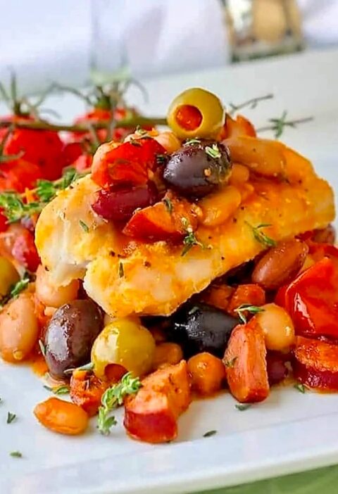 Baked Cod with 5 Beans and Chorizo – a healthy, delicious & very flavourful meal!